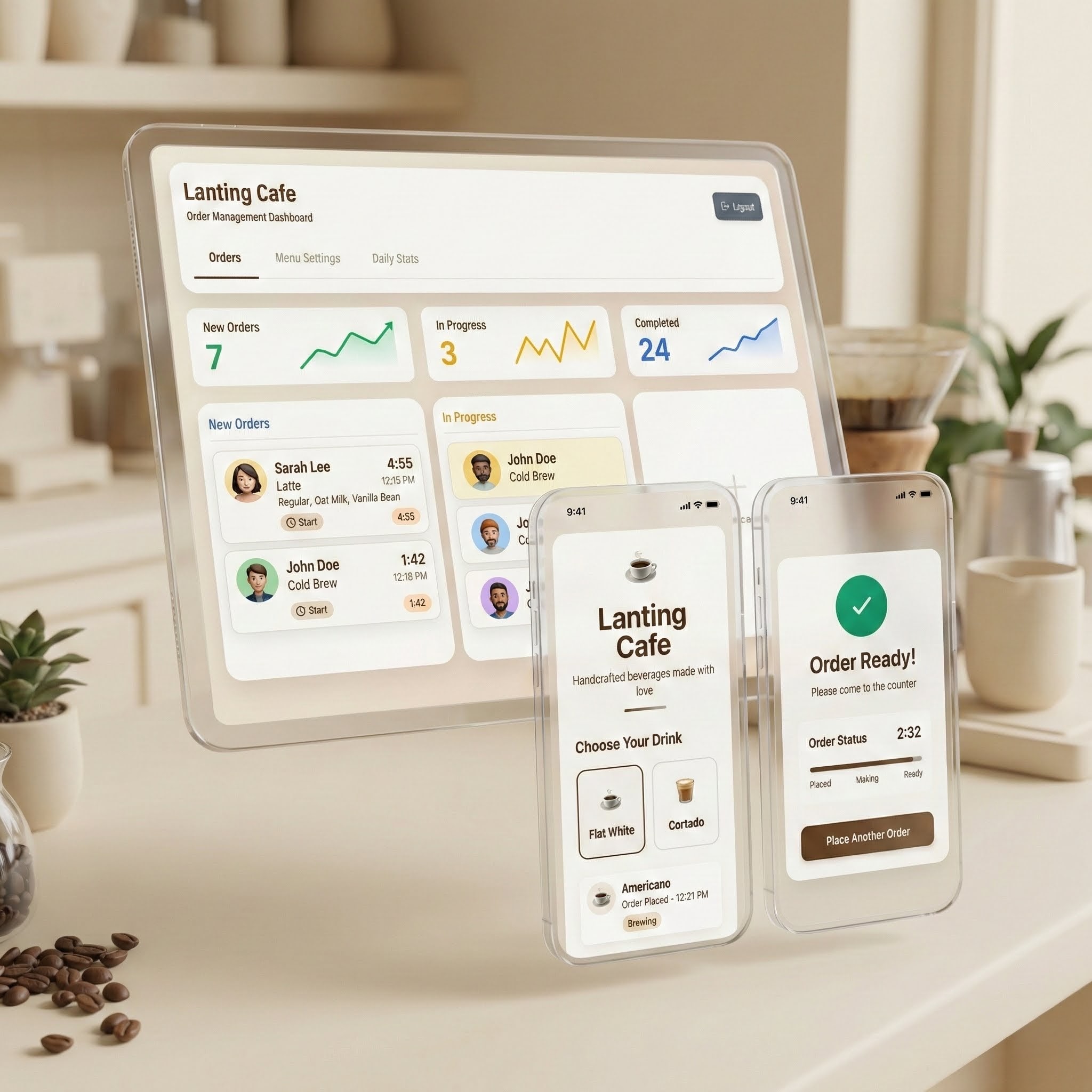 Lanting Cafe - Order management dashboard with barista interface and customer mobile app